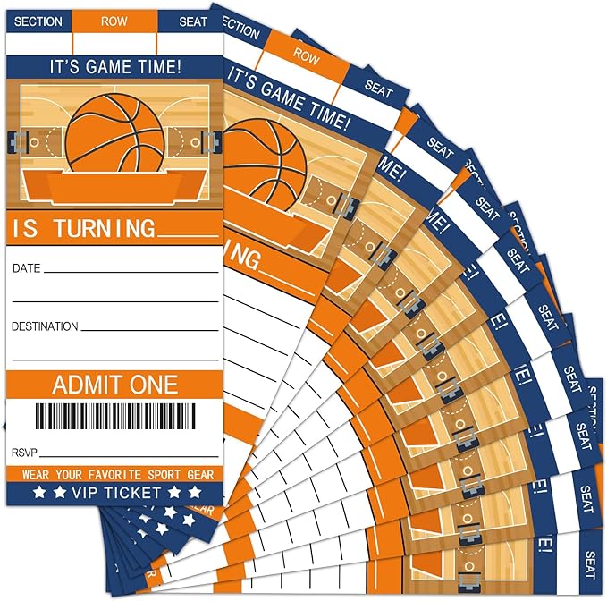 Basketball Birthday Invitation Ticket, Sports Party Celebration Invite for Boys Girls, 20 Basketball Ticket With Envelopes, 3.5 x 8" Double-Sided Fill In Birthday Party Personalized Invites Cards