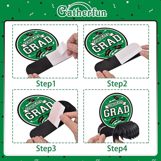 Gatherfun 9PCS Graduation Party Decorations Class of 2026 Congrats Grad Table Centerpiece Congratulate Graduation Honeycomb Table Toppers for Graduation Party Supplies(Green,Black