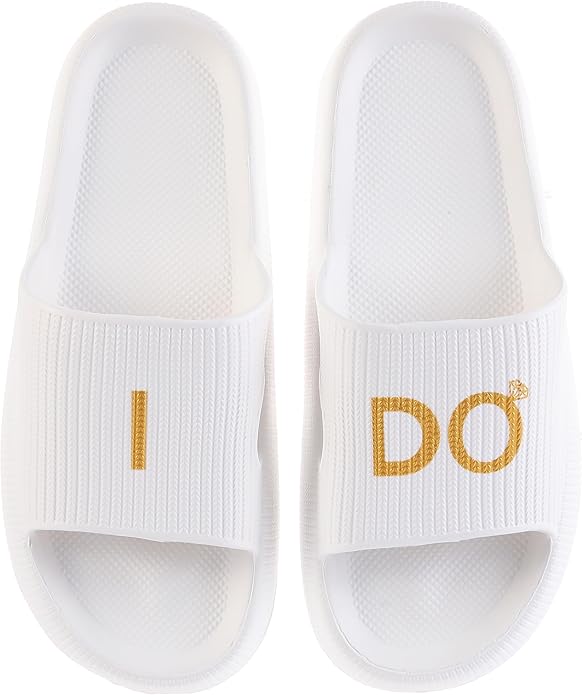 Women's Bride Slippers - White I DO Bride Slide Sandals for Bachelorette Party & Bridal Shower