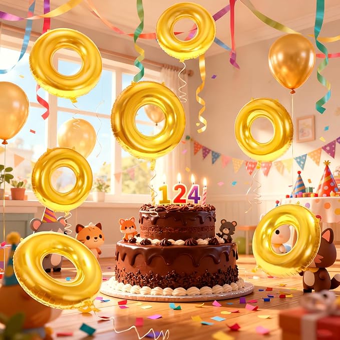 6 Pack 30" Gold Ring Balloons for Cartoon Characters Themed Party Decor, Hedgehog Theme Birthday & Anniversary Backdrop, Shiny Foil Balloons with Ribbons & Fishing Line