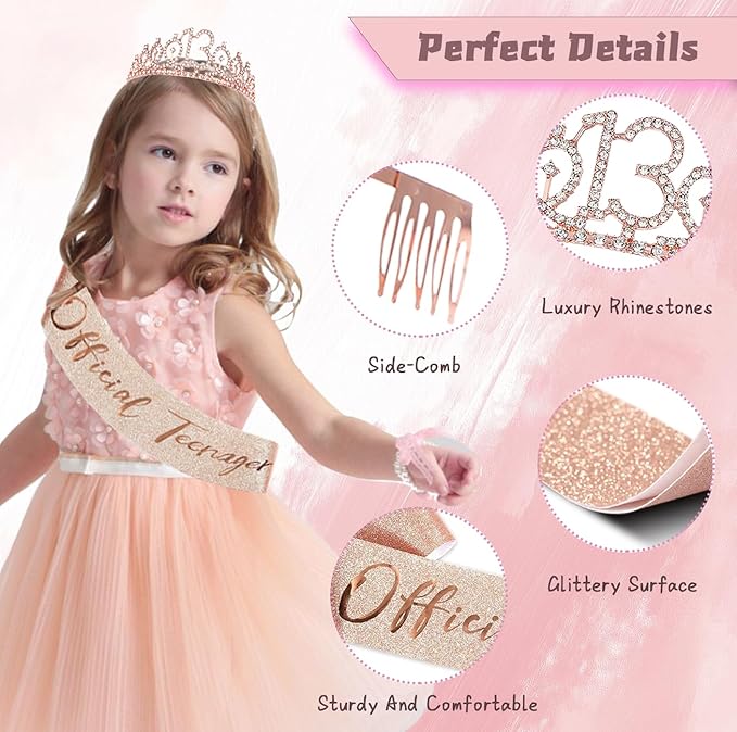 13th Birthday Decorations for Girls, Official Teenager Party Supplies Rose Gold Foil Balloons, Tiara Tassel Curtains Sash Balloons Numbers Banner Cake Topper for 13 Birthday Girl Decorations