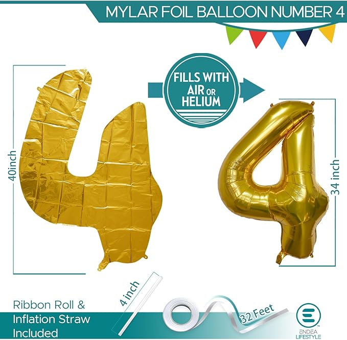 40 Inch Large Gold Number Celebration and Decoration Balloon for Birthday Parties, Graduations, Anniversaries, Weddings, Photo Shoots, Special Events - Helium Foil Mylar (Gold Number 4)