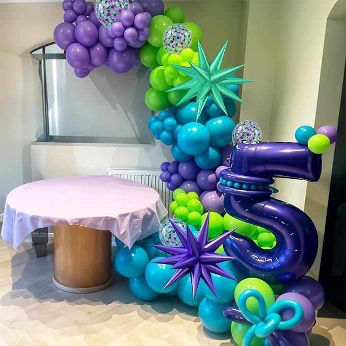 Green Purple Teal Balloon Arch Kit, Fruit Green Purple Teal Blue Confetti Birthday Balloons with Star Foil Balloons for Boy Girl Birthday Party Decorations Baby Shower Graduation Backdrop