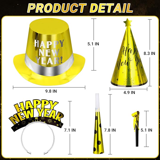 40PCS New Years Eve Party Supplies for 20 Guests, New Years Party Hats Headbands Blowouts Gold Black New Years Accessories, Tiaras Top Hat Friged NYE Noise Makers Cone Hat Horns for New Years Party