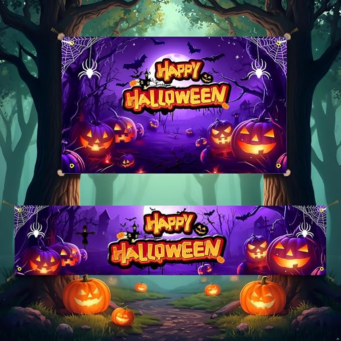 Large Halloween Party Banner and Backdrop for Indoor & Outdoor, Yard Garden Halloween Decorations & Party Supplies(Purple)