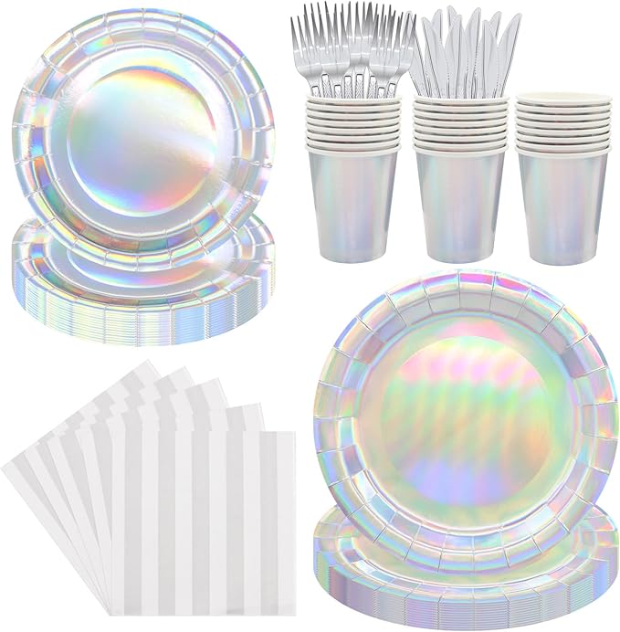 144pcs Iridescent Party Supplies Iridescent Party Tableware Set Serve 24 Guests Includes Holographic Paper Plates Cups Napkins Forks for Baby Shower Mermaid Birthday Party