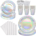144pcs Iridescent Party Supplies Iridescent Party Tableware Set Serve 24 Guests Includes Holographic Paper Plates Cups Napkins Forks for Baby Shower Mermaid Birthday Party