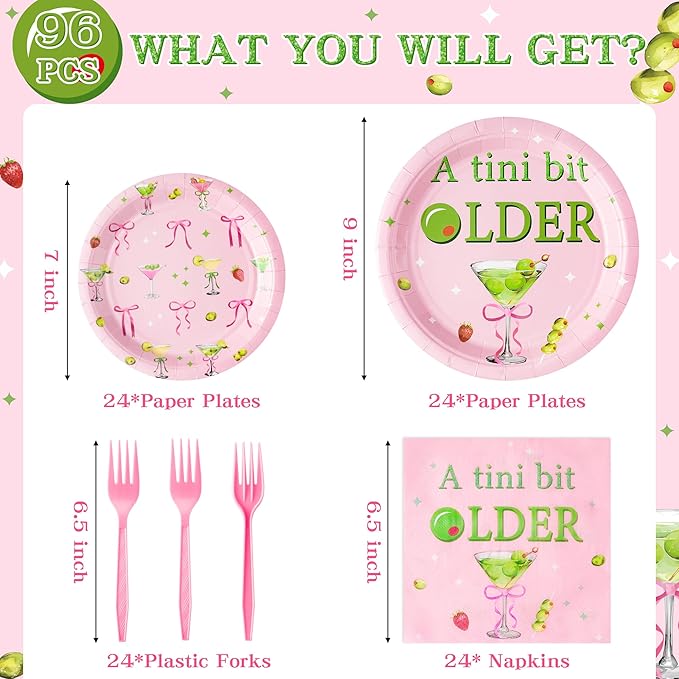 Pink Olive Martini Bow A Tini Bit Older Espresso Cocktail Party Plates Supplies - Serves 24-96Pcs Party Tableware Decoration Disposable Paper Plate Napkin Fork for Birthday Bar Bachelorette