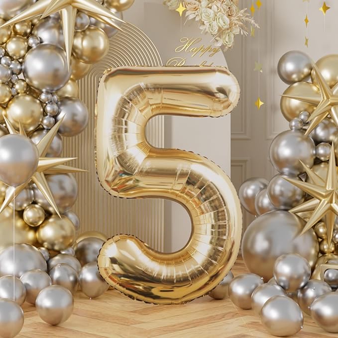 AULE 40 Inch Large 5 Balloon Numbers Light Gold, Big Foil Number Balloons, Giant Helium Happy Birthday Party Decorations for Man and Women, Huge Mylar Anniversary Party Supplies