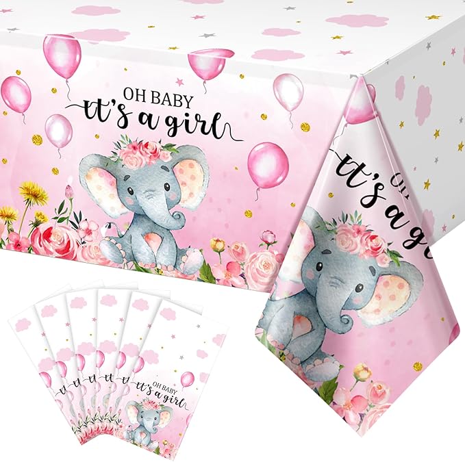 6 Pack Elephant Baby Shower Decorations - Plastic Tablecloth Table Cover Backdrop for Boy Girl Gender Party Supplies, 54 x 108 Inch, Pink