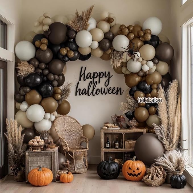 Black Brown Tan Balloon Arch Kit, Double Stuffed Dark Brown Coffee Light Grey White Sand Beige Neutral Balloon Garland for Western Cowboy Baby Shower First Rodeo Birthday Party Decoration