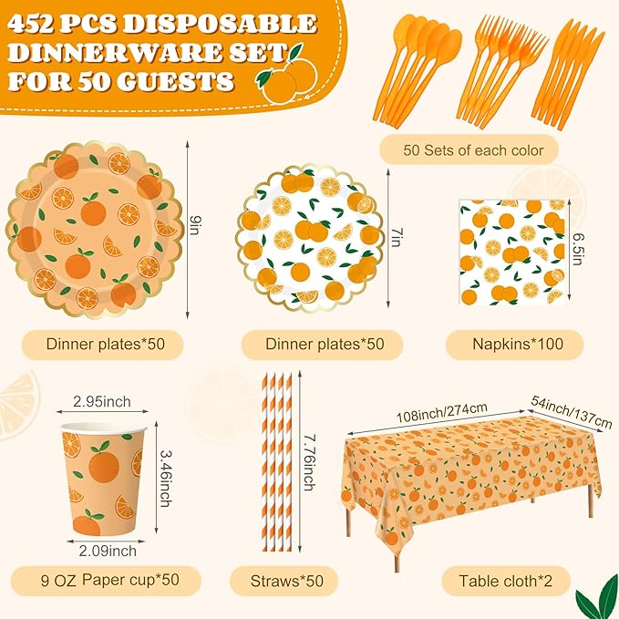 Ceenna 452 Pcs Orange Theme Party Supplies for 50, Little Cutie Is on the Way Paper Plates Napkins Cups Tablecloth Cutlery Straw Disposable Tableware for Summer Birthday Baby Shower Party Decoration