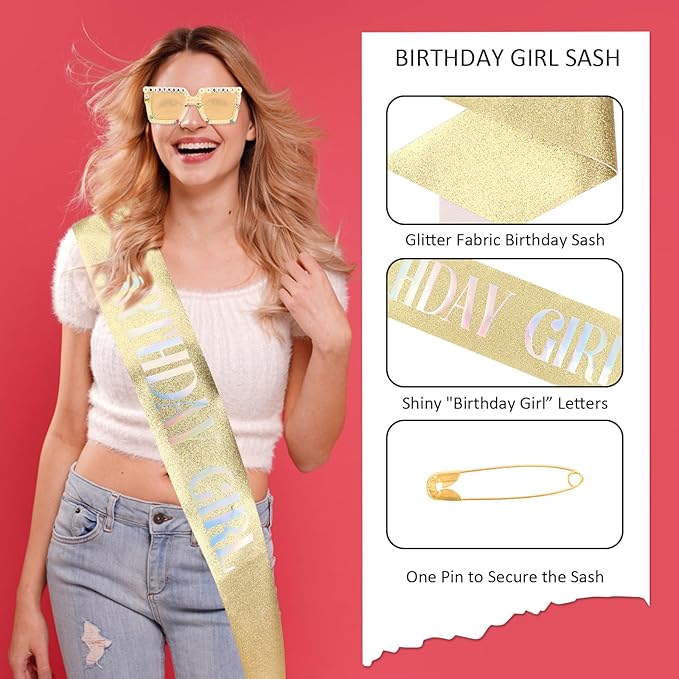 Birthday Girl Sash & Glasses Set, Gold Glitter Birthday Sash for Women Girls, Happy Birthday Decorations Outfits Accessories Party Favors Set for Women Girls