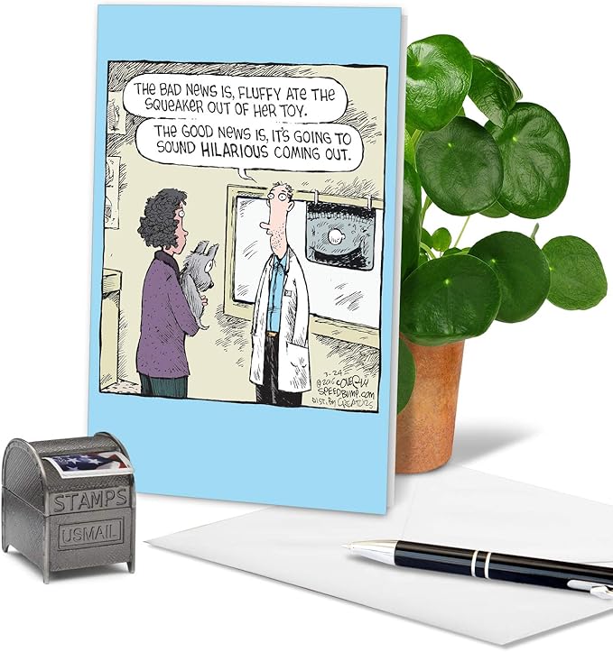 NobleWorks - 1 Humor Birthday Card with Envelope - Funny Cartoons for Birthday Greetings, Celebration Notecard - Squeaker Toy C2624BDG