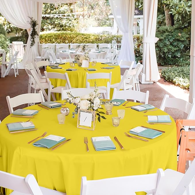 Mulbozy 12 Pack Yellow Round Tablecloth, 84 Inches Plastic Table Cover, Premium Disposable Round Party Tablecloth for Restaurant Dinners, Wedding, Grad Party, Baby Shower, Outdoor Camping