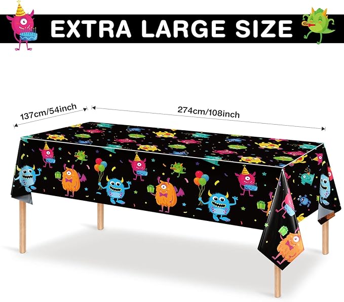 Buryeah 3 Pieces Monster Table Covers Plastic Little Monster Birthday Table Cloths for Kids Boys Birthday Party Decoration Supplies, 54 x 108 Inch