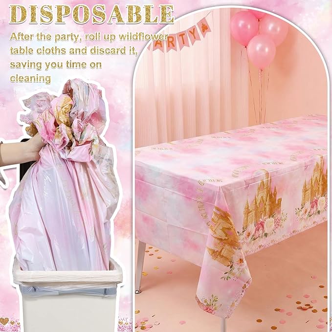 3 Pack Princess Tablecloths, 54 x 108 Inch Disposable Pink Rose Castle Themed Table Cloth Waterproof Pink Tablecloth Rectangle Birthday Party Table Cover for Girls Birthday Baby Shower Party Supplies