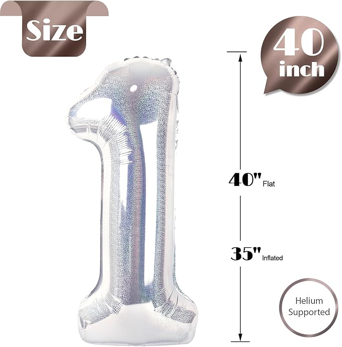 40 Inch Laser Silver 1 Balloon for First Birthday, 1st Number Balloons Birthday Decorations for Girl Kids Toddler Baby, One Giant Number 1 Balloon