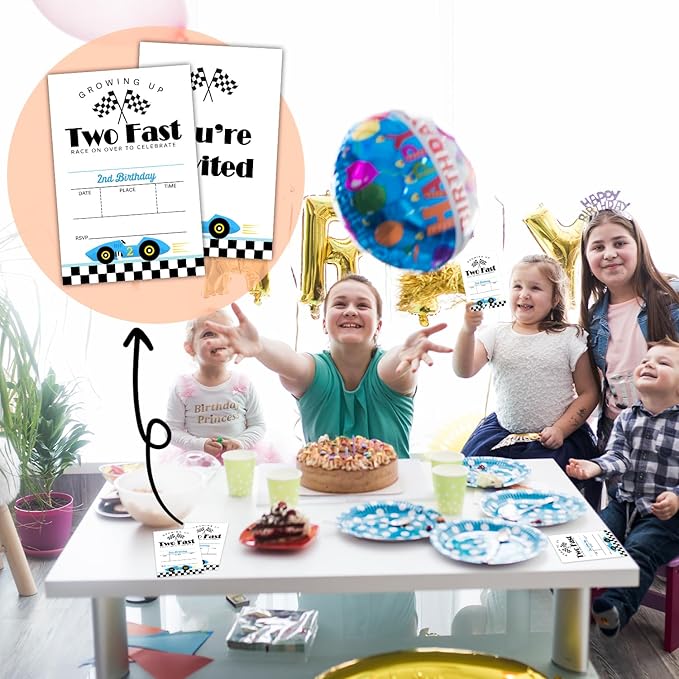 2nd Race Car Birthday Party Invitation Cards for Kids Boys, Two Fast 2nd Birthday Celebration Party Invite Cards Supplies Decorations, 20 Double-Sided Fill In Invites With Envelopes -01