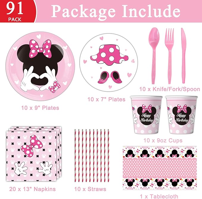 91Pcs Pink Bow Mouse Party Supplies Tableware Set, Cartoon Theme Birthday Party Decorations Include Paper Plates, Napkins, Tablecloth, Straws, Cups, Knives, Spoons and Forks (Pink)