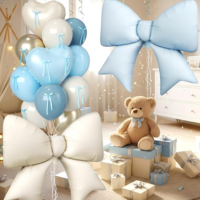 Blue and Cream Heart Balloons, 38 Inch Bow Balloons, Dusty Baby Blue Sand White Champagne Gold Balloon and Bow Heart Shaped Foil Balloon for boys Birthday Baby Boy Shower Valentines Day Decorations