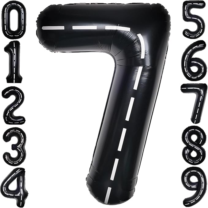 Race Car 40Inch Black 7 Balloon Number Large Helium Race Track 0-9 Giant Digital 7th Foil Mylar Big Party Number Balloons for Boy Birthday Car Theme Party Anniversary Graduation Decorations