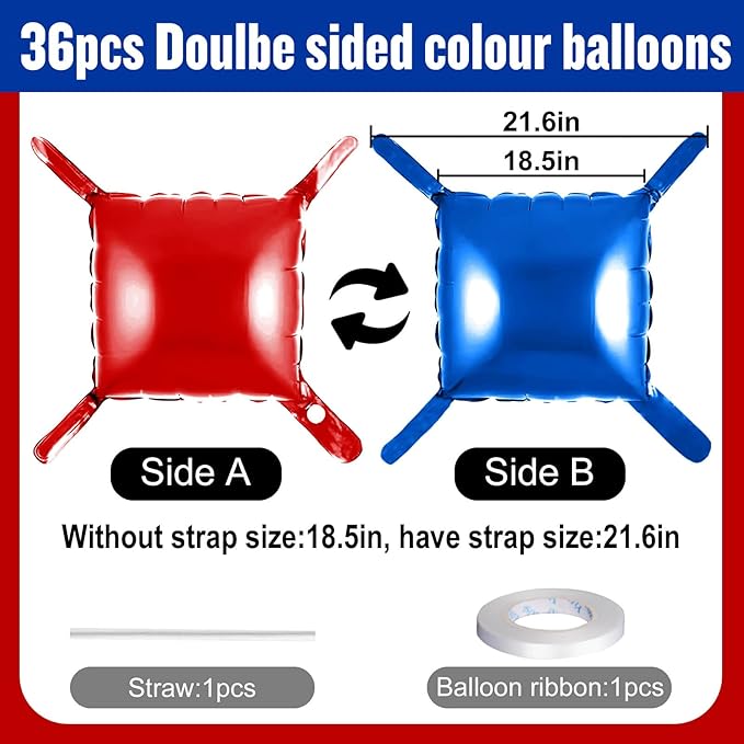 36Pcs Red and Blue Square Foil Balloons Wall Backdrop, Double Sided Metallic Foil Balloons Tunnel Arch Garland Kit for Photo Booth Birthday Wedding Halloween Christmas Party Decorations