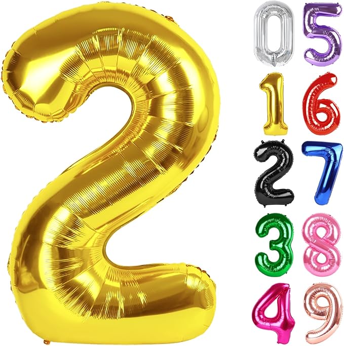 Gold Number 2 Balloon 40 Inch, 2nd Birthday Decoration for Toddlers Girls Boys, Sparkling 2 Number Balloon Party Decor