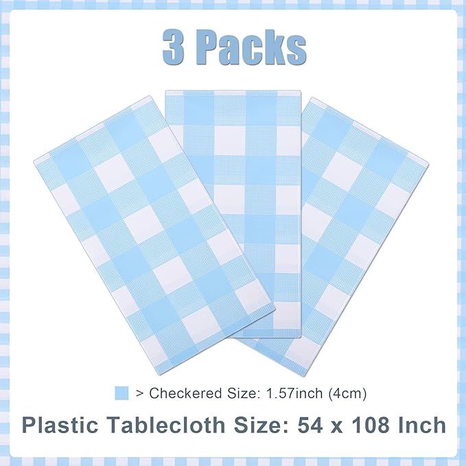 3 Packs Sky Blue Checkered Tablecloth 54 x 108 Inch Waterproof Rectangular Plaid Tablecloth Disposable Plastic Table Cover for Holiday Birthday Party