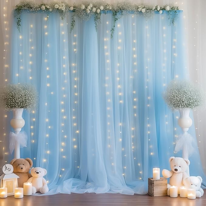 10ft x 8ft Blue Backdrop Curtain with Lights String for Parties, Sheer Tulle Wedding Photo Backdrops Drapes for Baby Shower Birthday Party Decorations Background for Photography