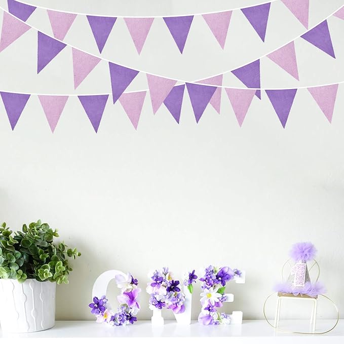 46Ft Purple Party Decorations Purple Burlap Banner Triangle Pennant Flag Linen Bunting Garland Streamers for Vintage Lavender Birthday Wedding Rustic Violet Baby Shower Engagement Party Decorations