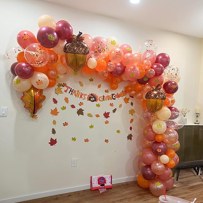 Fall Balloon Arch Kit, Autumn Birthday Party Decor Terracotta Orange Dusty Pink Balloon Garland Maple Acorn Foil Balloons for Thanksgiving Fall Harvest Birthday Bridal Shower Party Decorations