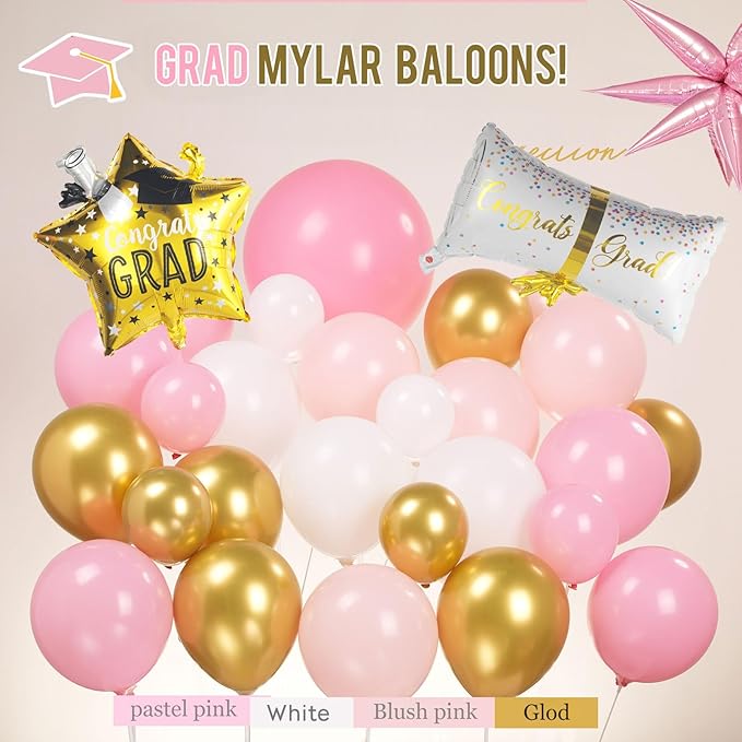 Pink and gold Graduation Decorations 2026 Set of 4 GRAD Balloon Boxes with Balloon Arch Garland Kit mylar balloons shimmer Fringe Curtain So Proud of You 2026 prom Graduation Decorations