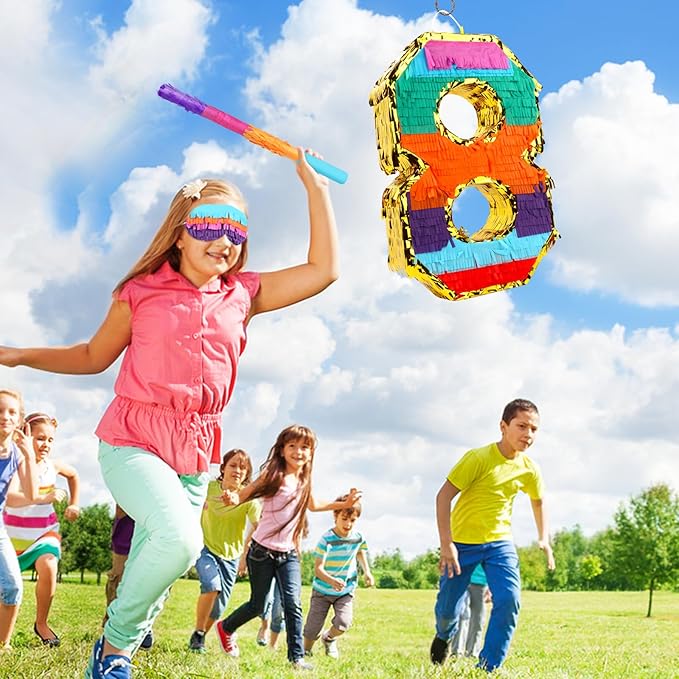 Rainbow Number 8 Pinata Rainbow Pinata with Bat Stick Blindfold for Kids 8th Birthday Party Supplies Fiesta Centerpieces Anniversary Celebrations (16.1 x 10.6 x 3.2 Inches)
