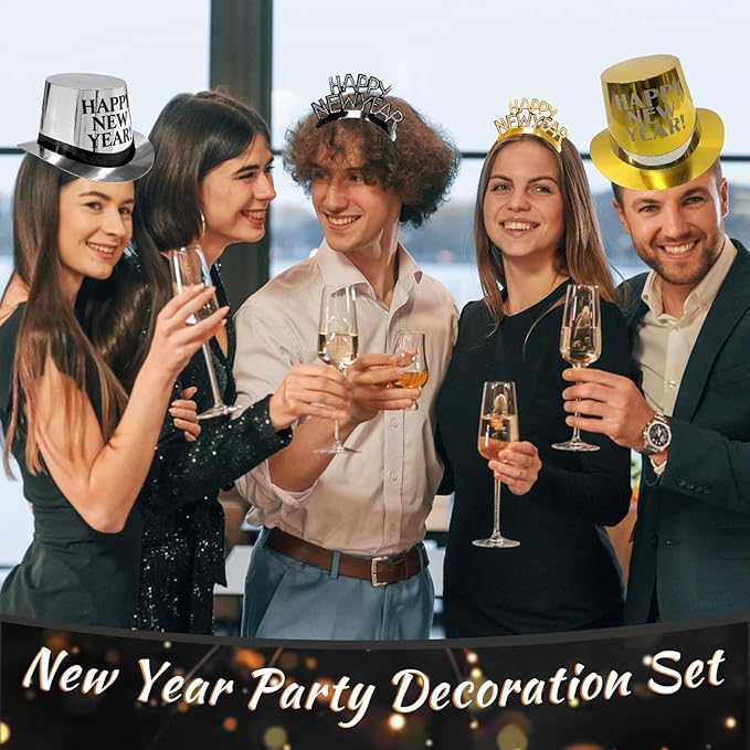New Years Eve Party Supplies 2026 70PCS Happy New Years Decoration Hats Headband for 2026 Party Props Festival Decorations Count Down NYE Party Supplies Favors(Black Gold -3)
