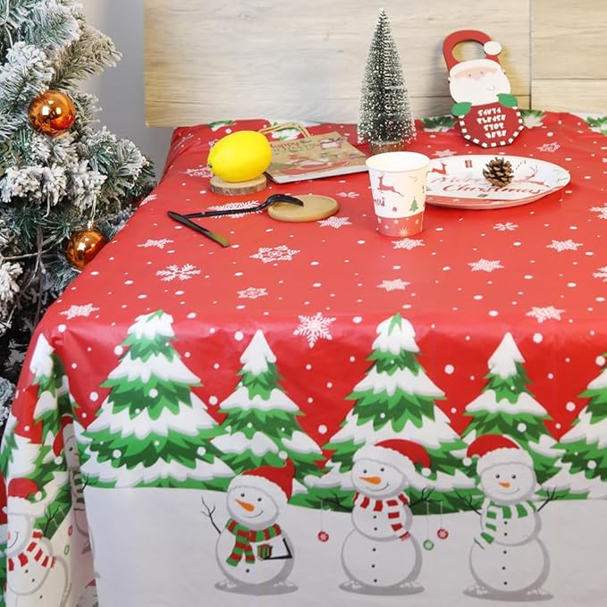 2 Pack Christmas Plastic Tablecloths Disposable Xmas Table Covers Snowman Table Cloths for BBQ Picnic Birthday Christmas Party Covers Waterproof Oil-proof Table Cloth Red Snow Table Cloths 54 x 108 In