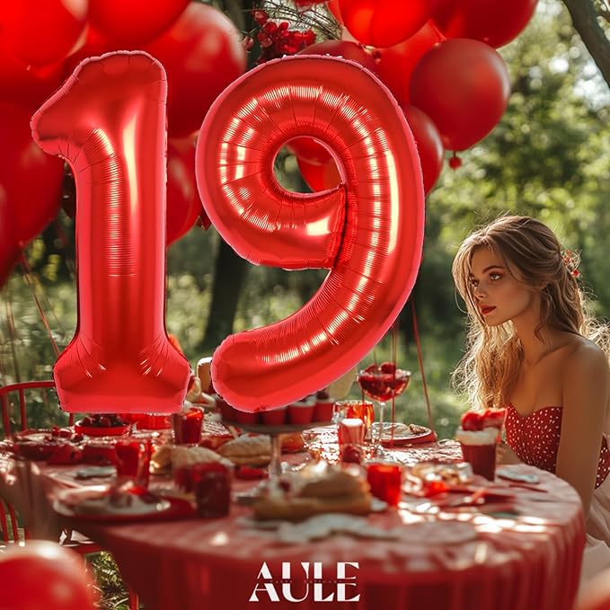 AULE 40 Inch Big Red Foil 19 Number Balloons for Girl Large 19th Happy Birthday Decorations Giant Huge Helium Mylar 91 Anniversary Party Decor