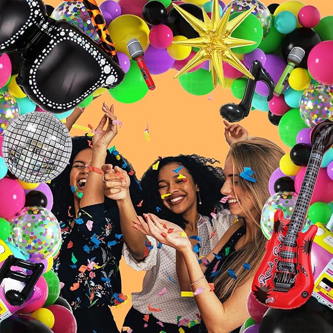 JOGAMS 80s 90s Party Decorations 165Pcs Balloons with Retro Inflatable Guitar Microphone Glasses Music Note Disco Ball Balloons for Back to 90s 80s Hip Hop Rock Theme Birthday Prom Party