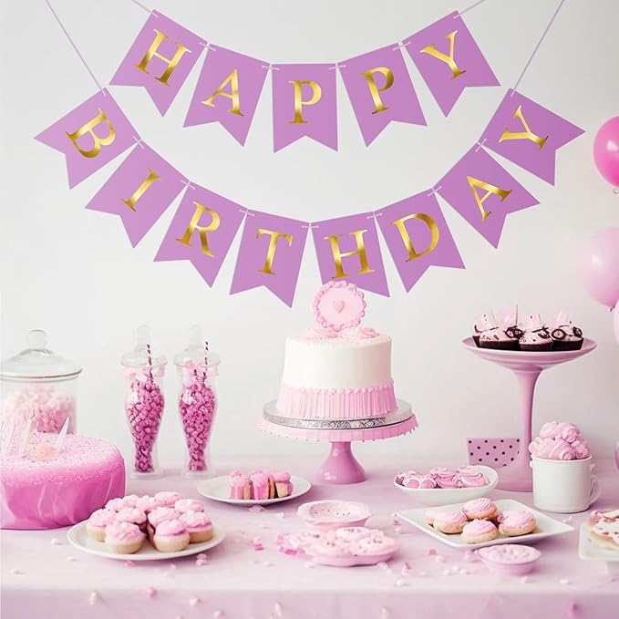 Purple Happy Birthday Banner Birthday Party Banner NO DIY Happy Birthday Sign Pre-Strung Birthday Hanging Decoration for Women Men Girl Boy Party Supplies (Purple and Gold)