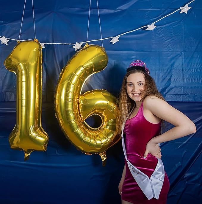 Large Gold 16 Number Balloons, 40 Inch Jumbo Number 16 Balloon, Gold Foil Mylar Balloons for Girl Sweet 16th/61th Birthday Party, Anniversary Decorations