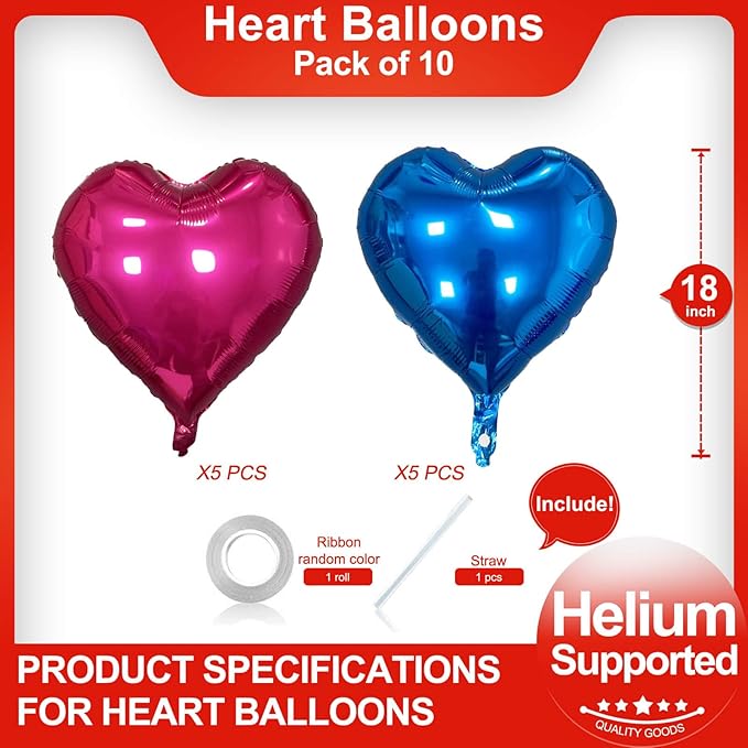 Pink Heart Shaped balloons Pack of 10,18 Inch Love Valentine Balloons Blue Heart Romantic Balloons For Valentines Day Propose Marriage Wedding Bridal Shower Engagement Party Decorations