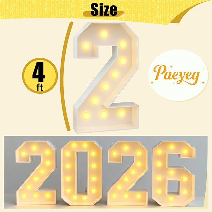 4ft Light Up Numbers 26 Number with Lights Bulbs White Marquee Frame Slots-in for 26th Birthday Party Decorations Pre-Cut Mosaic Cardboard Large Cut-Out Thick Foam Board 26 Sign Graduation New Year