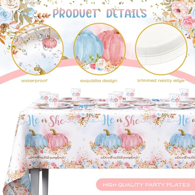 194 PCS Pumpkin Gender Reveal Decorations Pumpkin Paper Plates Cups and Napkins Sets He or She Baby Gender Reveal Party Supplies Disposable Tableware Set with Tablecloth Serves 24 Guests