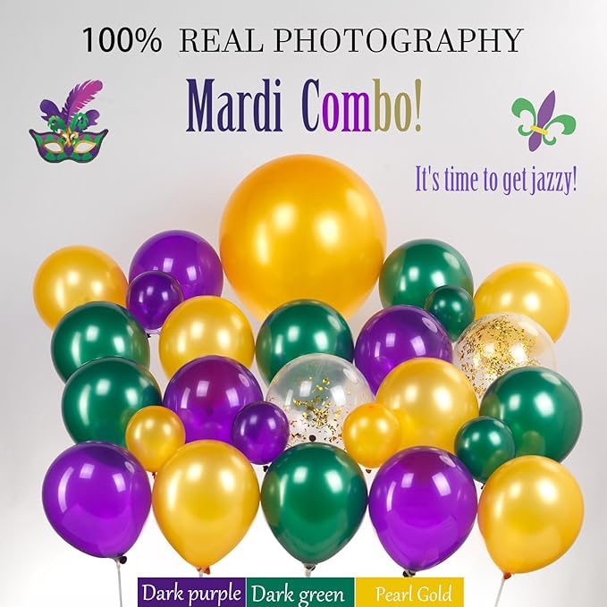 Mardi balloon garland arch kit 130pcs Purple green gold with golden confetti balloons Mylar star Crown and Crown Mask Balloons for Gorgeous Funny Grand Fat Tuesday Party decorations
