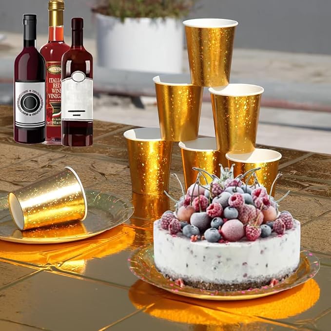 201-piece disposable party tableware set with paper plates, cups, napkins, straws, tablecloths, plastic knives, forks and spoons for a variety of party occasions for up to 25 people (Golden Star)