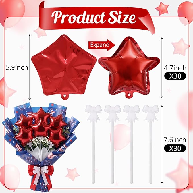 30 Pcs Star Self Inflatable Balloons with Bow Stems Star Foil Balloons Mini Pentagram Decoration for Patriotic Independence Day Graduation Birthday Baby Shower Anniversary(Red,6 Inches)