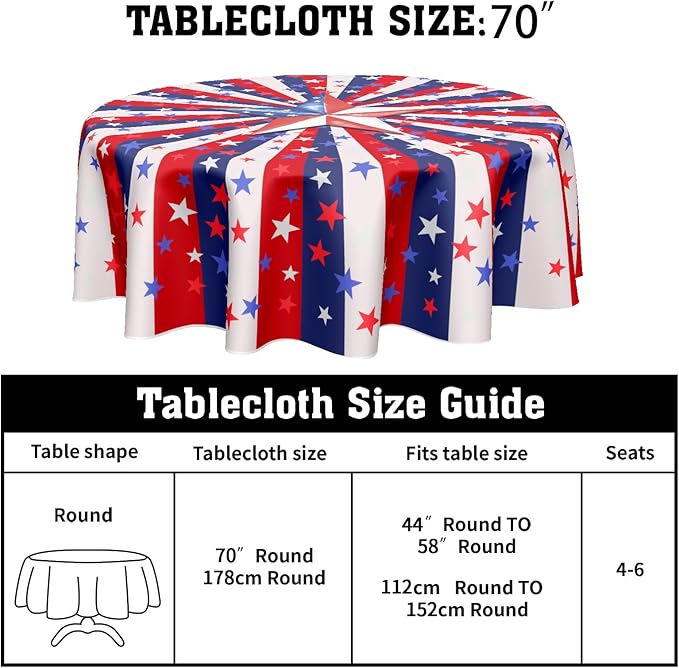 4th of July Tablecloth 70 Inch Round Memorial Day Patriotic Tablecloth Washable Polyester Fabric American Flag Table Cloth Independence Day Table Cover For Dining Room Picnic Kitchen Outdoor Decor
