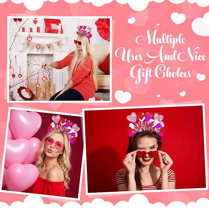 Jutom 24 Pieces Valentines Heart Headbands and Glasses Love Shaped Head Boppers Sunglasses for Adults Galentine's Supplies(Latest Style)