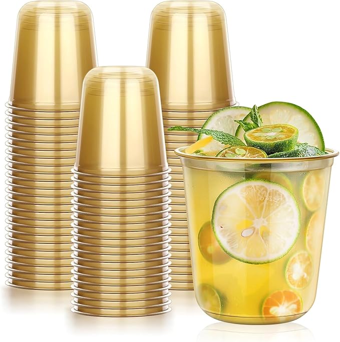 KesaPlan 100 Pcs Gold Plastic Cups, 12oz Disposable Stemless Wine Glasses for Cocktail Cute Clear Cocktail Wine Glasses Gold Party Cups for Meeting Wedding Graduation Holiday Party