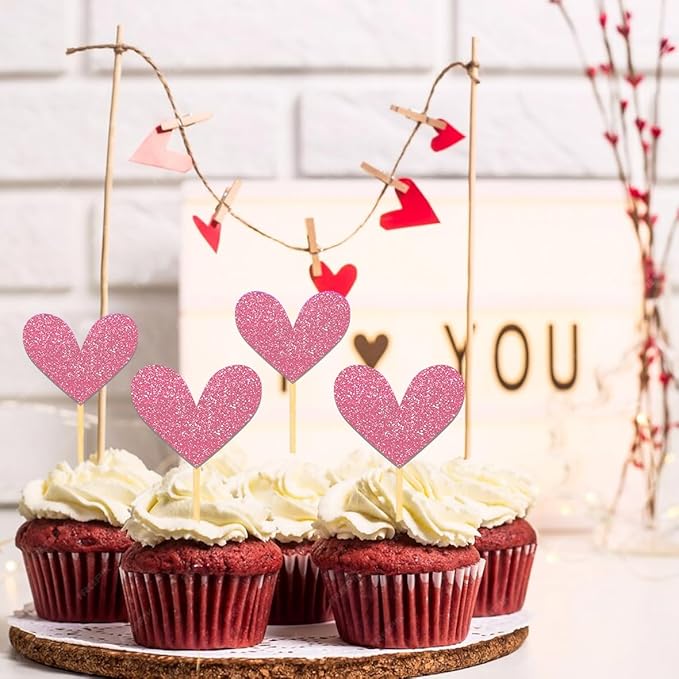 24Pcs Glitter Pink Heart Cupcake Toppers for Valentine's Day Decorations, Mixed Size Double-Sided Heart Valentine's Day Cupcake Toppers for Wedding Bridal Shower Party Decorations (Pink)